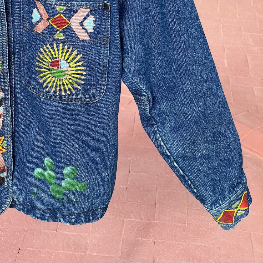 Hand Painted Vintage Ruff Hewn Denim Jean Jacket Southwest Aztec Desert Cactus S - Picture 16 of 16